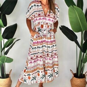 Minkpink Eyona Short Sleeves Pockets Linen Palm Print Midi Dress Women’s Sz XS